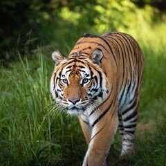 A medium shot of a tiger prowling through tall grass, with rack focus shifting from the tiger's intense gaze in the foreground to the blurred, dense jungle in the background