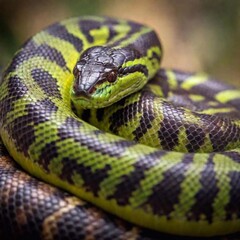 Obraz premium extreme macro shot of a snake coiled body, with a single scale in sharp focus, while the surrounding coils and the background gradually fade into a soft blur, emphasizing the snake's intricate form