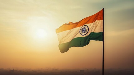 Indian national flag waving at sunrise over a cityscape, symbolizing India's pride, freedom, and new beginnings