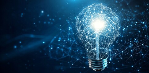 A futuristic background with glowing light blue dots around a digital lightbulb. Future technology, innovation, creative idea concept.