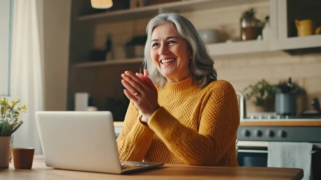 A cheerful senior woman wearing a yellow sweater claps enthusiastically at her kitchen table, enjoying a winning moment with her laptop