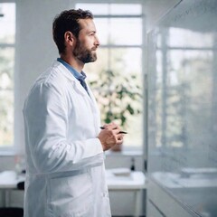 Fototapeta premium Full Shot of a researcher analyzing a whiteboard filled with complex formulas, with shallow focus on the researcher, while the background of the lab is softly blurred.