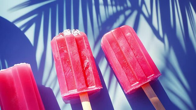 Three pink popsicles with wooden sticks lie on a blue background with palm leaf shadows.