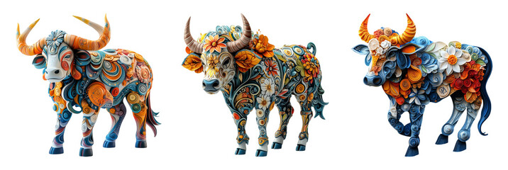 Colorful Decorative Cows on Transparent Background