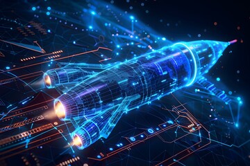 Fototapeta premium Futuristic Blueprint Rocket Technology Background with Mesh Lines and Neon Blue Color