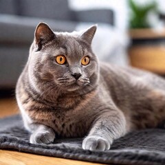 British Shorthair urled up on a blanket, close-up on its relaxed face and fur in sharp focus, with the cozy living room environment fading into a soft blur