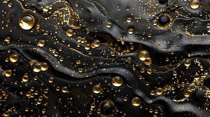 Flowing Lucid Oil Texture with Intricate Gold Bubbles and Black Focus