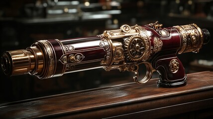 Ornate steampunk-inspired gun displayed on a wooden table