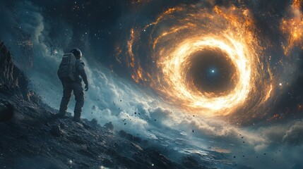 Exploration of black hole and event horizon in space. A haunting image of a black hole’s event horizon, Mysterious black hole in deep space.