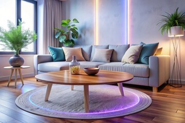 Round wood coffee table against white sofa. Scandinavian home interior design of modern living room neon light