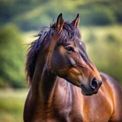 Obraz premium A close-up portrait photo of a horse with the wind blowing through its mane, deep focus revealing the intricate strands of hair and the gentle contours of its face, eye-level shot to emphasize the