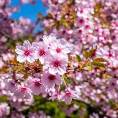 Obraz premium a close-up view of a cluster of blooming cherry blossoms in spring. Capture the intricate details of the petals, stamens, and the subtle variations in color and texture