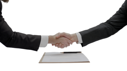 Two business professionals shaking hands, isolated on a transparent white background, symbolizing agreement, partnership, and successful collaboration, with a focus on the handshake.