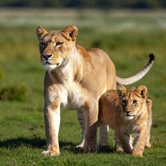 Obraz premium A full shot photo of a lioness leading her cubs across a grassy plain, deep focus capturing the familial bond and protective posture, low-angle shot showing the full body of the lioness in a