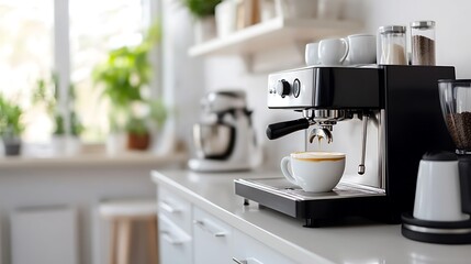 Modern Black Coffee Machine in a Stylish Kitchen with Cup - Sleek Home Appliance Closeup
