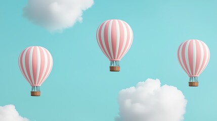 Fototapeta premium Three pink-striped hot air balloons floating amid fluffy clouds in a clear blue sky, exuding a sense of adventure and tranquility.