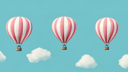 Fototapeta premium Three striped hot air balloons and fluffy clouds float against a clear blue sky, capturing a serene and whimsical adventure scene.
