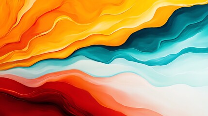 Fototapeta premium Vibrant abstract art with flowing layers of orange, blue, and red tones, creating a dynamic and colorful visual impact.