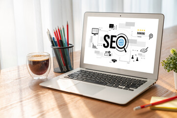 SEO search engine optimization for modish e-commerce and online retail business showing on computer...