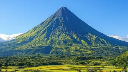A majestic, symmetrical, volcanic mountain with lush green slopes rising up against a clear blue sky.