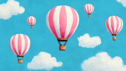 Fototapeta premium Vibrant hot air balloons with pink stripes float against a blue sky and scattered clouds, creating a whimsical and adventurous scene.