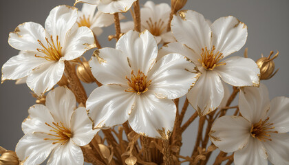 Fototapeta premium Beautiful bouquet of white mother-of-pearl flowers with gold accents on a gray background