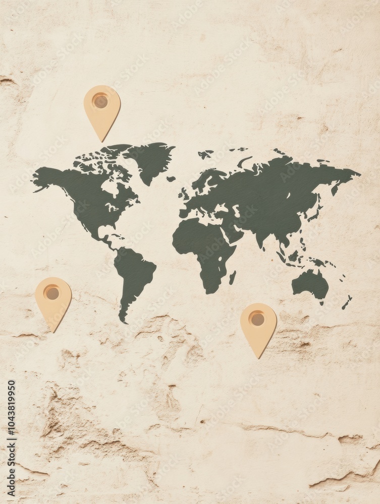 Aufkleber A simple world map outline highlights key travel destinations with map pins, showcasing places to explore and visit. Generative AI
