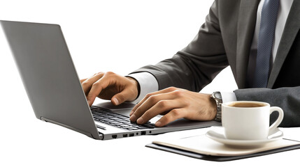 Businessman working on a laptop, focused and engaged, isolated on a transparent white background, conveying productivity and modern work culture, showcasing the importance of technology in business.