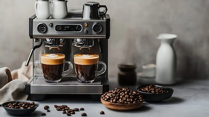 Modern Black Coffee Machine in a Stylish Kitchen with Cup - Sleek Home Appliance Closeup