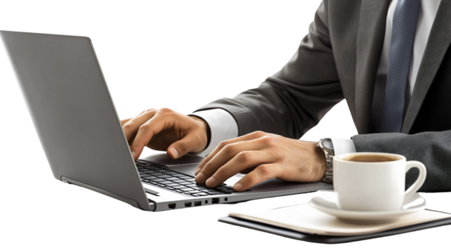 Businessman working on a laptop, focused and engaged, isolated on a transparent white background, conveying productivity and modern work culture, showcasing the importance of technology in business. - Powered by Adobe