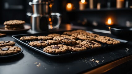 Aesthetic preparation of cowboy cookies on a black themed kitchen. bokeh style.