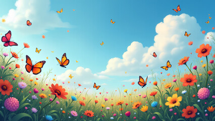 Bl&uuml;hende Fr&uuml;hlingswiese voller Schmetterlinge im Sonnenschein