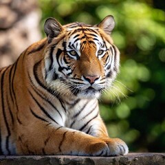 tiger lying on a rock in the jungle, basking in the afternoon sun, its eyes half-closed, with the rough texture of the rock in sharp detail while the lush green surroundings softly blur