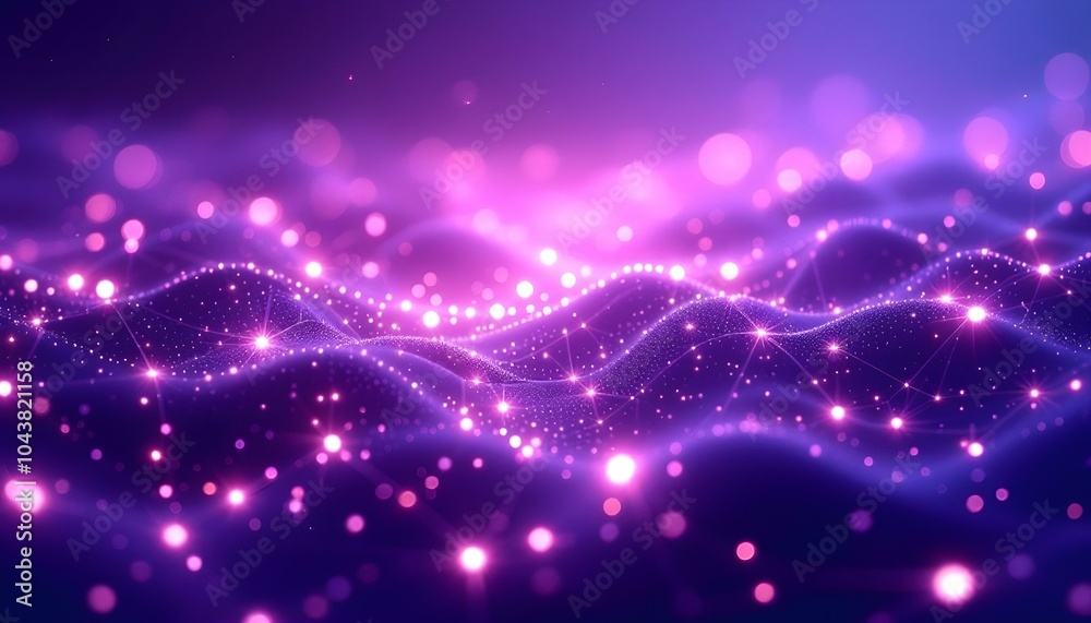 Leinwandbilder An abstract configuration of pink and purple glowing dots connected by laser-like lines across a dark violet background. Abstract purple color digital particles wave with bokeh and light background
