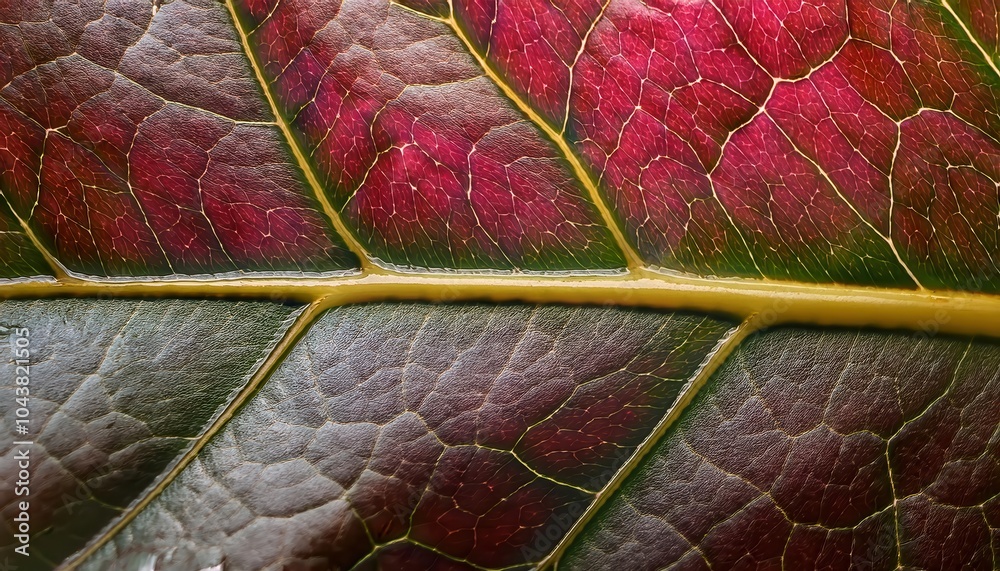 Poster close-up of a vibrantly veined leaf showing autumnal transition with bold, textured details of the g