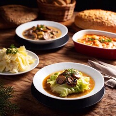 Capture a medium long shot of a traditional Polish Christmas Eve dinner Cabbage with mushrooms