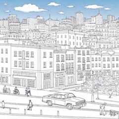 A coloring page of a cheerful cartoon cityscape with tall buildings, cars, and people walking on the streets, filled with patterns and shapes to color in