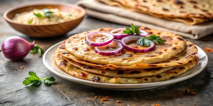 Popular Indian flatbread made with wheat flour and onion, selective focus on Paratha