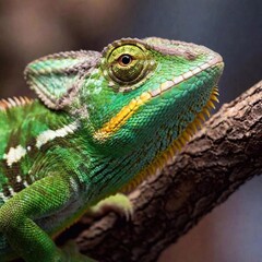 Obraz premium A macro shot of a chameleon's eye, with deep focus showcasing the complex textures and colors of its skin and the fine details of its eye structure against a blurred background