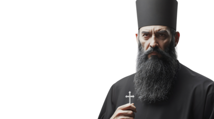 Orthodox priest, dressed in traditional robes, standing with a solemn expression, symbolizing faith and devotion, isolated on a transparent white background.