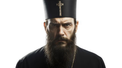 Orthodox priest, dressed in traditional robes, standing with a solemn expression, symbolizing faith and devotion, isolated on a transparent white background.