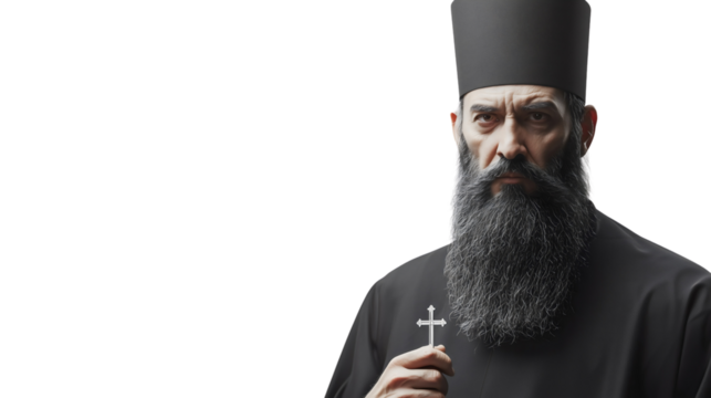 Orthodox priest, dressed in traditional robes, standing with a solemn expression, symbolizing faith and devotion, isolated on a transparent white background.