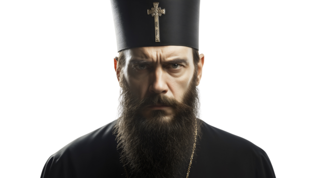 Orthodox priest, dressed in traditional robes, standing with a solemn expression, symbolizing faith and devotion, isolated on a transparent white background.