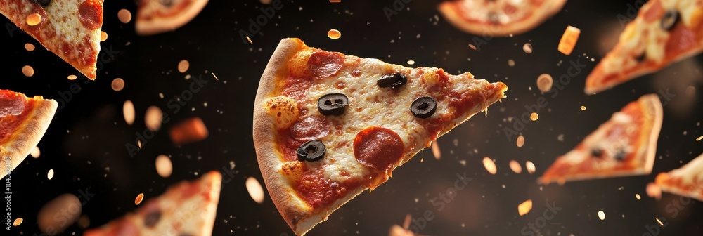 Poster flying slices of pizza with toppings and cheese create an energetic backdrop, leaving vibrant space 