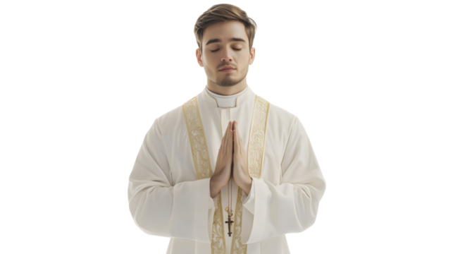 Catholic priest in traditional vestments, standing reverently, symbolizing faith and service to the Church, isolated on a transparent white background.