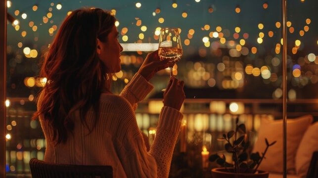 Against the stunning backdrop of the starlit terrace a woman raises glass in a toast friends and the glowing city lights reflected . .