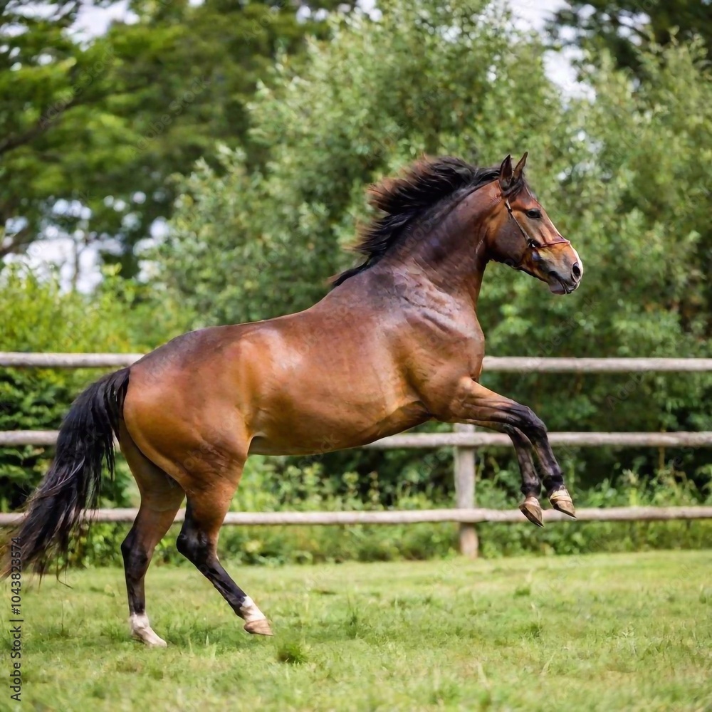 Wall mural a full shot photo of a horse jumping over a wooden fence, soft focus creating a blurred background o