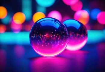 A vibrant night scene with bright, colorful bokeh lights floating against a blurred background. Replace the soft orange and yellow tones with neon blues, pinks and purples.