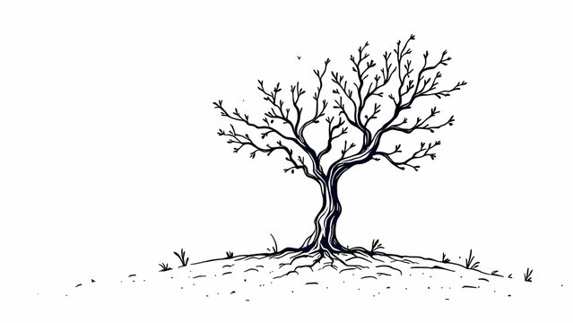 A simple handdrawn illustration of a tree with bare branches and roots on a white background.