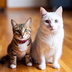 A close-up photo of a dog and cat sitting side by side, deep focus, eye-level shot capturing their faces in detail, showcasing their expressions in a harmonious portrait